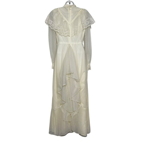 Vintage 70s Chiffon Maxi Wedding Dress Union Made Prom Ivory Lace Hi Neck Small - Picture 8 of 16